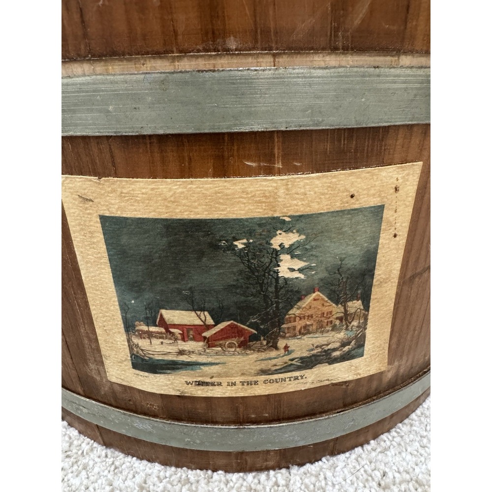 Antique PRIMITIVE Vintage Wooden Bucket w/ Swing Handle 2 Metal Bands Christmas - Picture 2 of 8